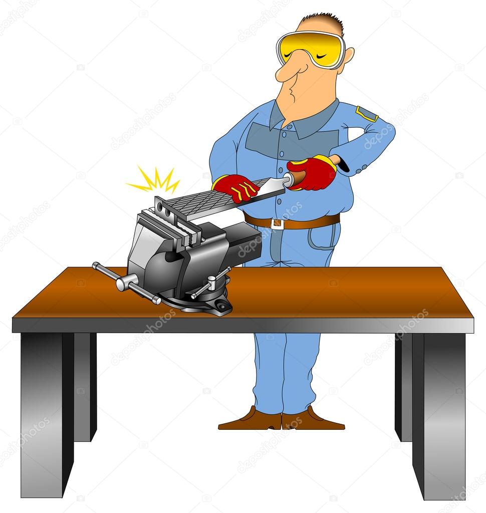Worker in blue overalls with file