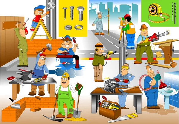 Grupo de trabajadores haciendo reparaciones — Vector de stock