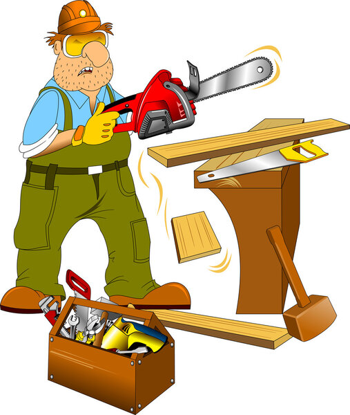 Working in a green jumpsuit with an electric saw