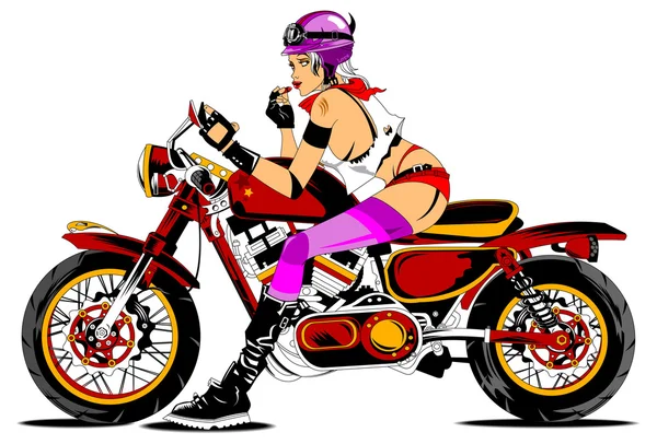 Chica en una motocicleta roja — Vector de stock