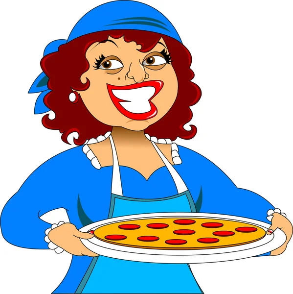 Mujer chef sosteniendo un plato de pizza — Vector de stock