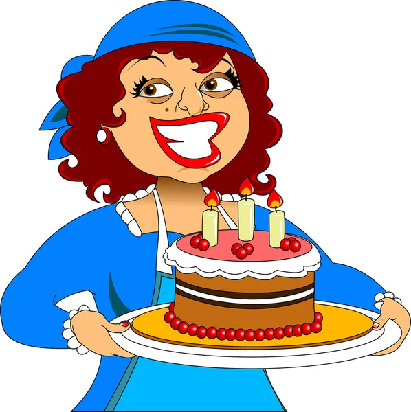 Woman chef holding a plate of cake — Stock Vector