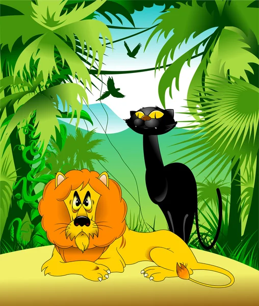 León y pantera negra en la selva — Vector de stock