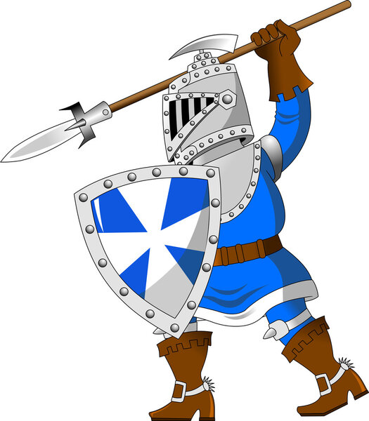 knight in blue uniform with a spear
