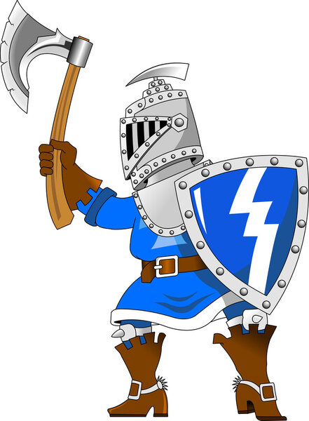 knight in blue uniform with an ax