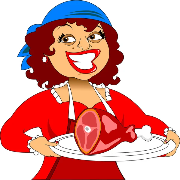 Σεφ γυναίκα, κρατώντας ένα πιάτο με ζαμπόν — Διανυσματικό Αρχείο