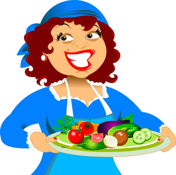 Mujer chef sosteniendo un plato de verduras — Vector de stock