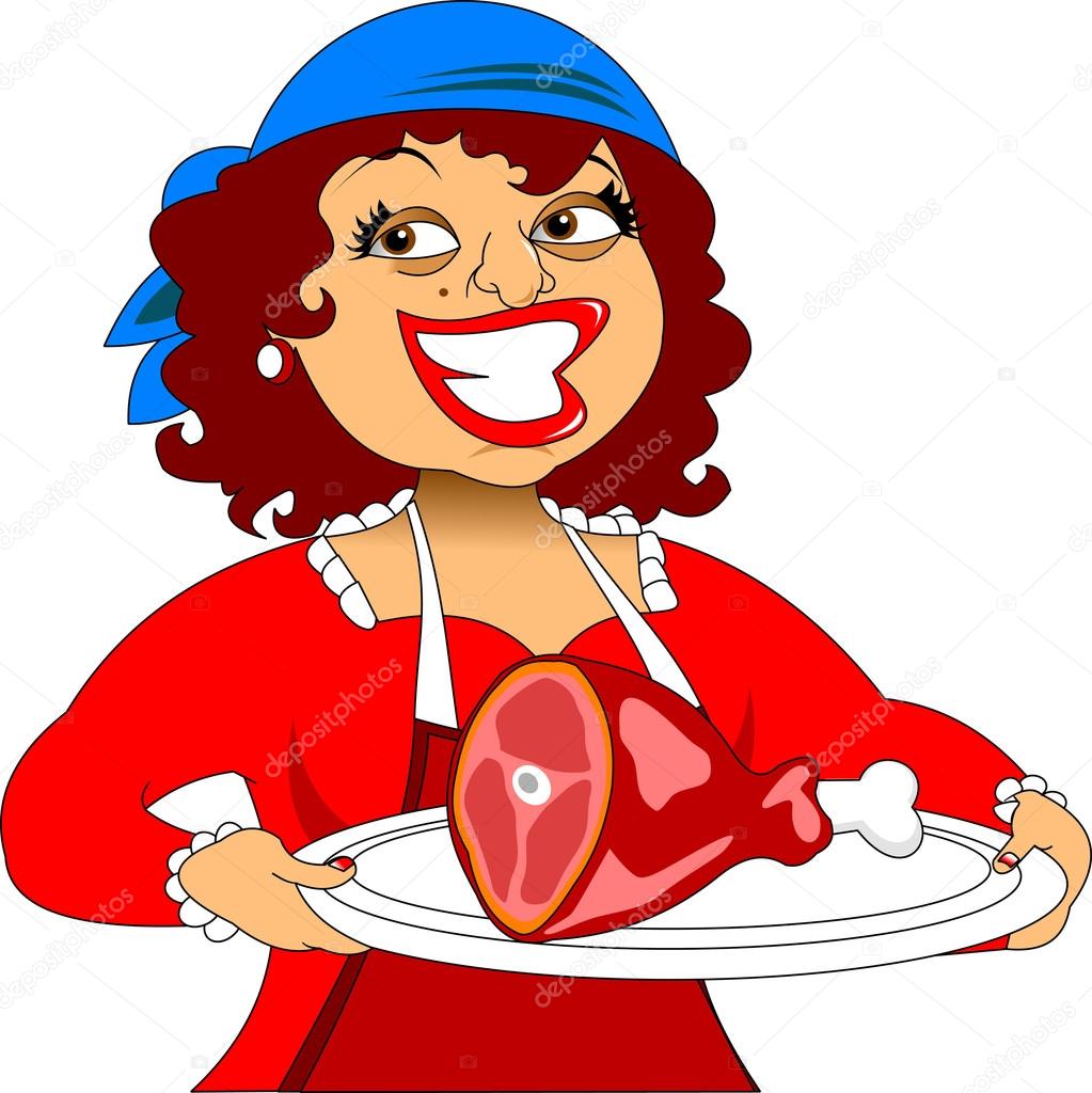 woman chef holding a plate with ham