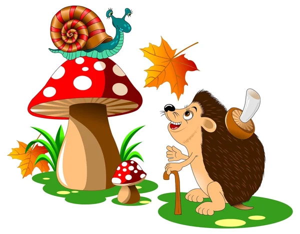 Cheerful hedgehog with mushrooms — Stock Vector