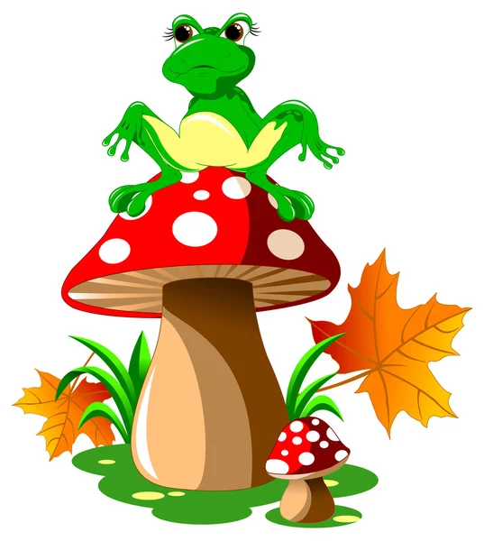 绿色的小青蛙和蘑菇 — 图库矢量图片