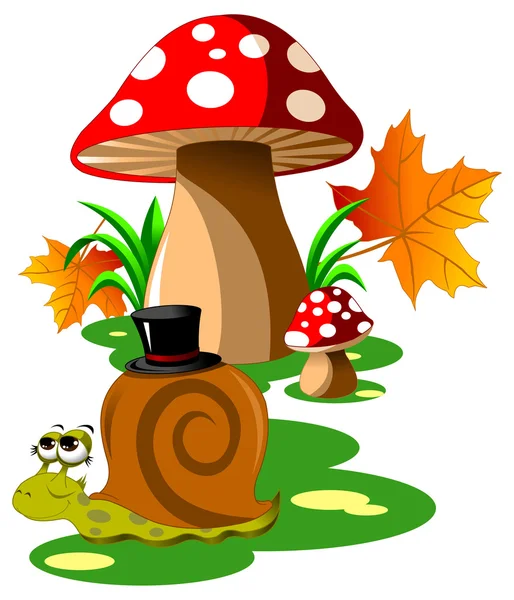 Funghi e chiocciola in giardino — Vettoriale Stock