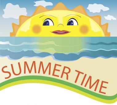 Yaz arka plan, karikatür güneş, güneşe gülümseyerek bakmak.