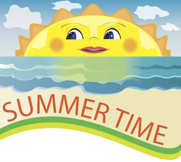 Yaz arka plan, karikatür güneş, güneşe gülümseyerek bakmak.