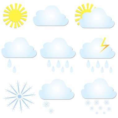 Vektör hava Icons set. Güneş, bulut, yağmur ve kar.