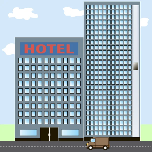Ξενοδοχείο. Το Hotel icon στο τοπίο της πόλης. Καλοκαιρινές διακοπές τοπίο. — Διανυσματικό Αρχείο