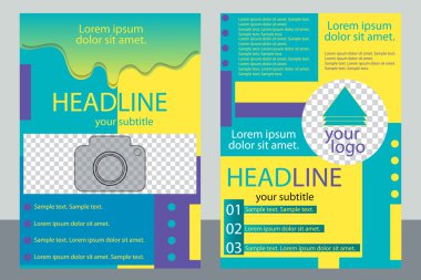 Fotoğraf için yer ile broşür şablonu tasarımı. Sarı ve turkuaz el ilanı örneği.