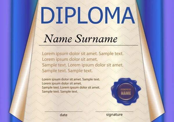 Modello di diploma o certificato. Vincitore del premio. Vincere la competizione. Ricompensa. Carta arricciata. Il testo su livello separato . — Vettoriale Stock