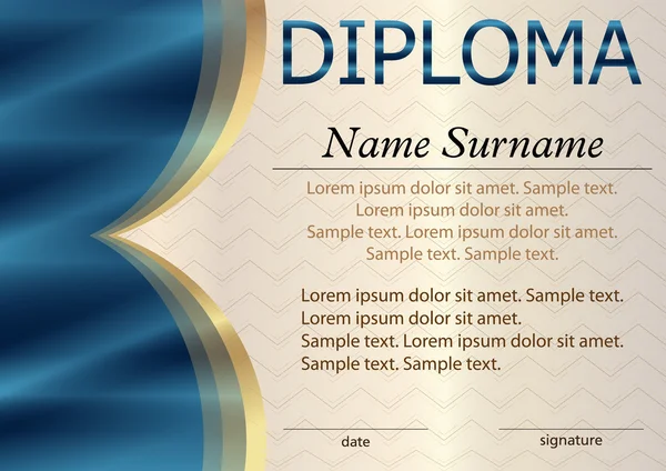 Modrý diplom nebo certifikát nebo horizontální šablony. Text v samostatných vrstvách. Vítěz. Odměna. Vítězství v soutěži. — Stockový vektor