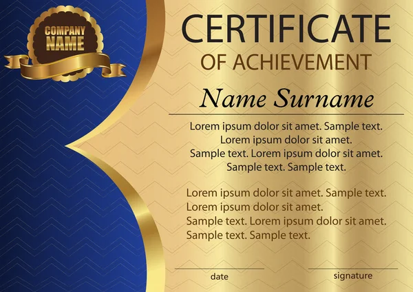 Certificate or diploma. Template on a gold background. Award winner. Reward. Winning the competition. The text on separate layers. Stock Vector