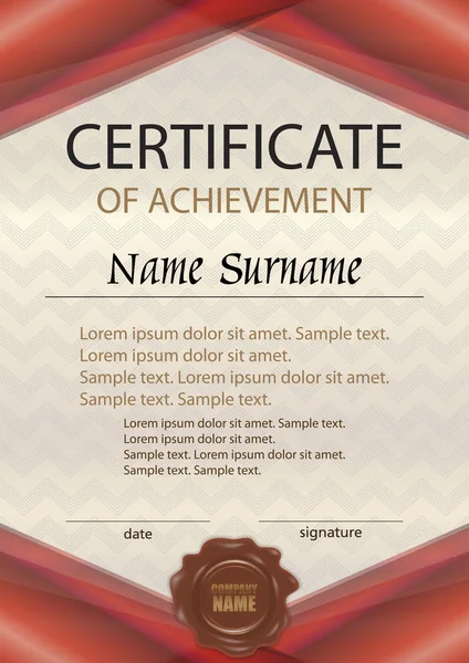 Certificado vetorial de realização ou diploma com selo de cera. Modelo vertical vermelho. Recompensa. Vencedor. Ganhar a competição . —  Vetores de Stock