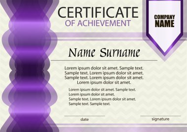 Mor başarı belgesi veya diploma şablonu. Yatay.