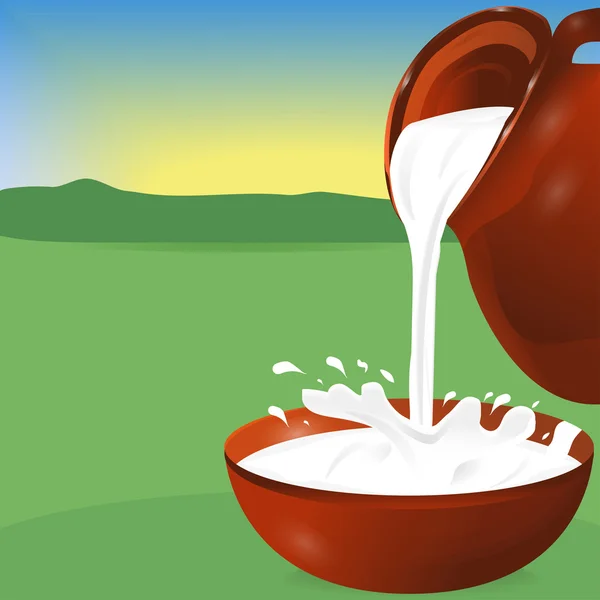 Milk being poured from a jug into a bowl. Splash. Background fie — Stock Vector