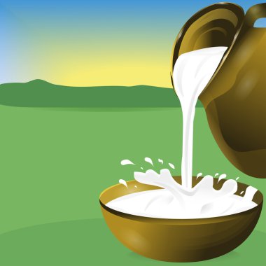 Kahverengi bir sürahi bir kasenin içine dökülür varlık süt. Splash. 