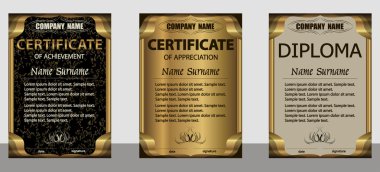 Başarı belgesi, takdir, diploma dikey şablonu. Set siyah, altın, bej. 
