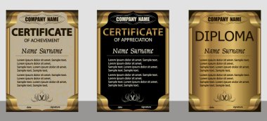 Başarı, değer artırma, diploma dikey şablon belgesi. Ayarla bej, siyah, altın. 