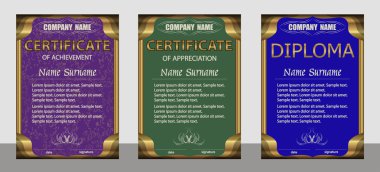 Başarı belgesi, takdir, diploma dikey şablonu. Set mor, yeşil, mavi. 