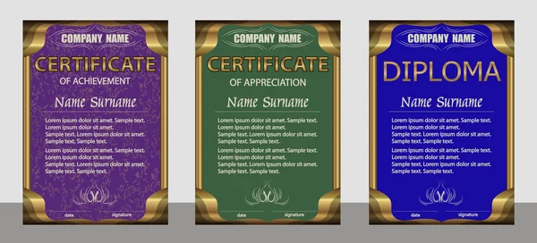 Başarı belgesi, takdir, diploma dikey şablonu. Set mor, yeşil, mavi. 