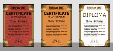 Başarı belgesi, takdir, diploma dikey şablonu. Set kırmızı, turuncu, beyaz. 