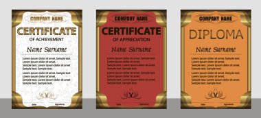 Başarı belgesi, takdir, diploma dikey şablonu. Set beyaz, kırmızı, turuncu. 