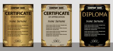 Başarı belgesi, takdir, diploma dikey şablonu. Set altın, bej, siyah. 