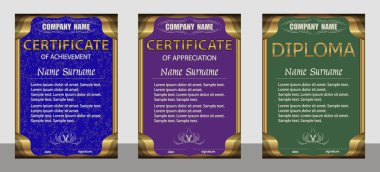 Başarı belgesi, takdir, diploma dikey şablonu. Set mavi, mor, yeşil. 