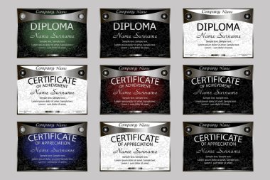 Diploma, takdir belgesi, başarı ayarlayın. Yatay şablon.