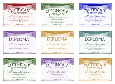 Diploma, takdir belgesi, başarı ayarlayın. Yatay şablon.