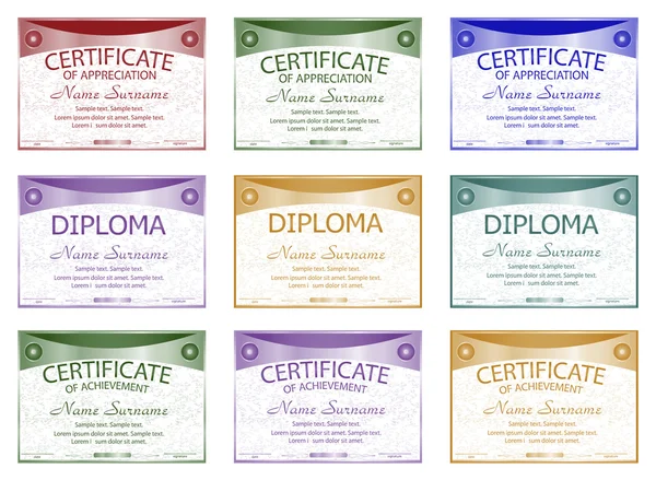 Definir diploma, certificado de apreciação, realização. Modelo horizontal . — Vetor de Stock