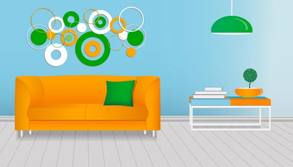 현대적인 거실의 현실적인 인테리어. 주황색 및 녹색 템플릿 디자인. — 스톡 벡터