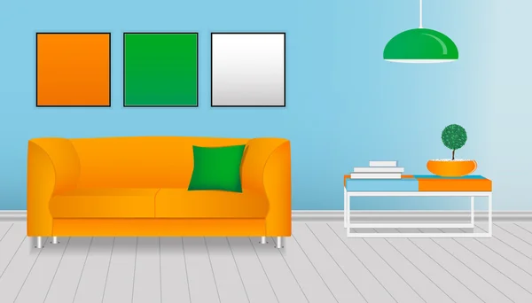 Realistic interior of a modern living room. Orange and green template design. — Stock Vector