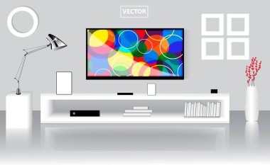 Düz Tv seti, düşük rafile modern parlak oda. Grafik şablonu