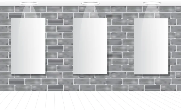 Tres marcos en la pared de ladrillo gris para tu anuncio. Luz. Prepárate. . — Archivo Imágenes Vectoriales