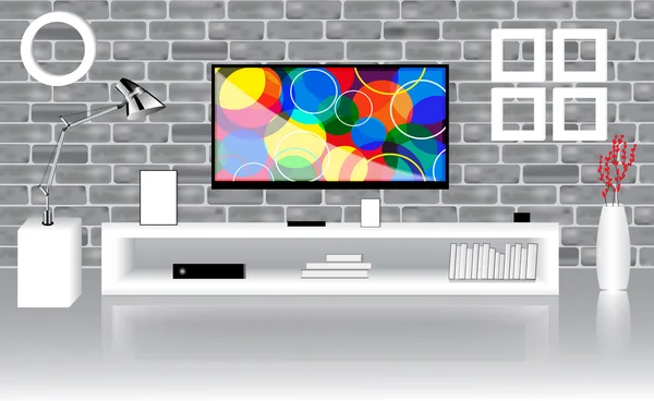 Modernes, helles Zimmer mit Flachbildfernseher an einer Ziegelwand, niedriges Regal. grafische Vorlage. — Stockvektor