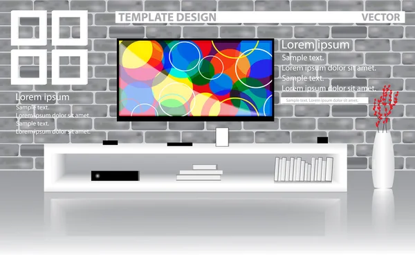 Plantilla de diseño moderno salón con TV en una pared de ladrillo gris . — Vector de stock