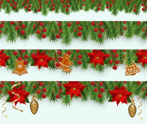 Impostare Decorazioni Confine Natale Con Rami Abete Bacche Agrifoglio Poinsettia — Vettoriale Stock