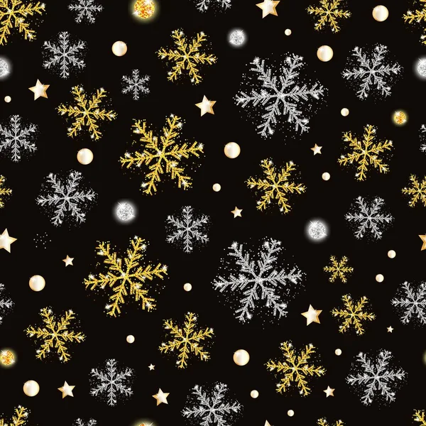 Seamless Pattern Christmas New Year Gold Silver Snowflakes Stars Bright — Stock vektor