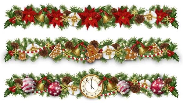 Set Christmas New Year Border Decorations Garland Golden Bells Christmas —  Vetores de Stock