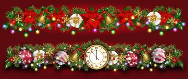 Set Christmas New Year Border Decorations Garland Fir Branches Golden Jogdíjmentes Stock Illusztrációk