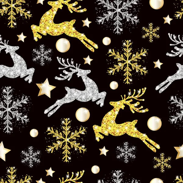 Seamless Pattern Christmas New Year Gold Silver Deer Snowflakes Xmas Jogdíjmentes Stock Illusztrációk