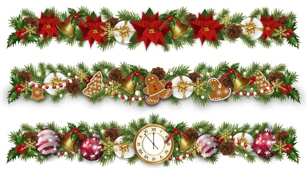 Set Christmas New Year Border Decorations Garland Golden Bells Christmas Jogdíjmentes Stock Vektorok